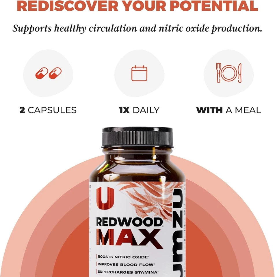UMZU Redwood MAX Nitric Oxide Booster, 60 Capsules – Blood Flow & Circulation Support with Tart Cherry